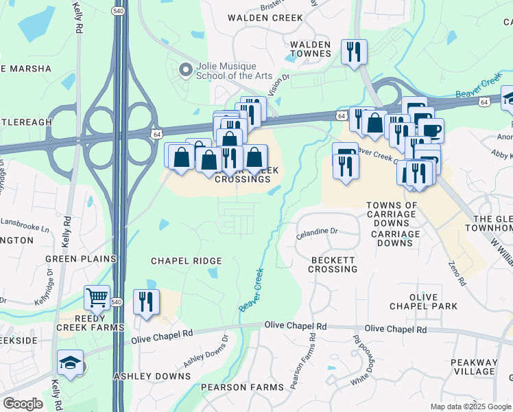 map of restaurants, bars, coffee shops, grocery stores, and more near 1003 Brownsmith Drive in Apex