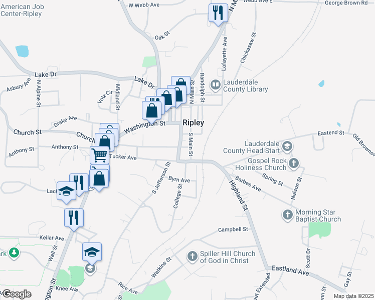 map of restaurants, bars, coffee shops, grocery stores, and more near 154 South Main Street in Ripley