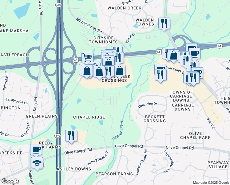 map of restaurants, bars, coffee shops, grocery stores, and more near 2027 Whitesmith Drive in Apex