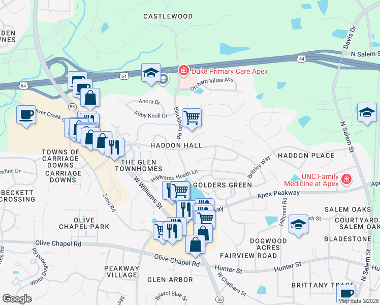 map of restaurants, bars, coffee shops, grocery stores, and more near 913 Haddon Hall Drive in Apex