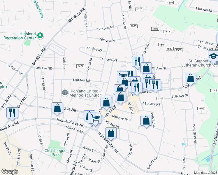 map of restaurants, bars, coffee shops, grocery stores, and more near 1128 15th Street Northeast in Hickory