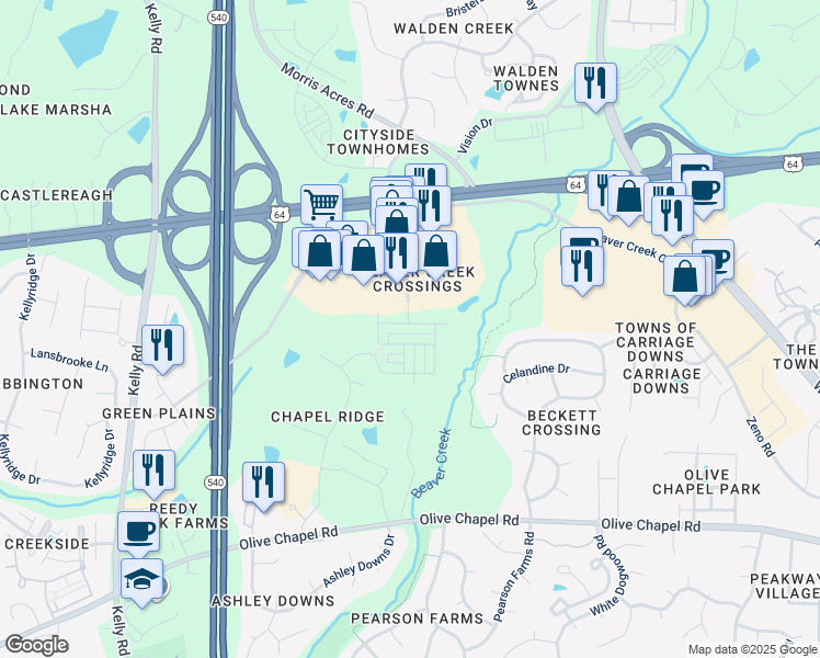 map of restaurants, bars, coffee shops, grocery stores, and more near 2039 Whitesmith Drive in Apex