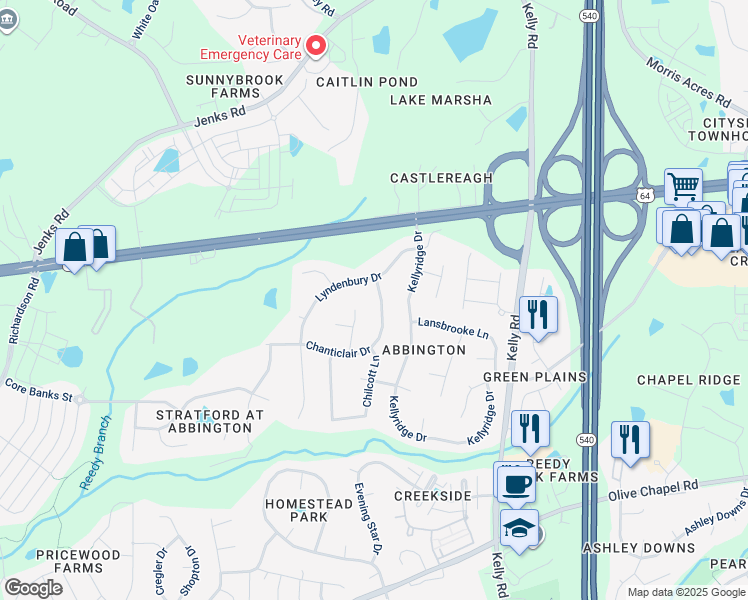 map of restaurants, bars, coffee shops, grocery stores, and more near 304 Chanticlair Drive in Apex