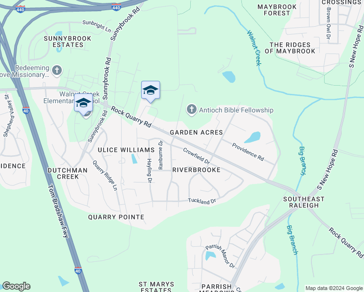map of restaurants, bars, coffee shops, grocery stores, and more near 4113 Crowfield Drive in Raleigh