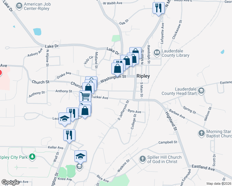 map of restaurants, bars, coffee shops, grocery stores, and more near 140 Church St in Ripley