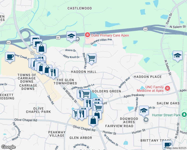 map of restaurants, bars, coffee shops, grocery stores, and more near 909 Haddon Hall Drive in Apex