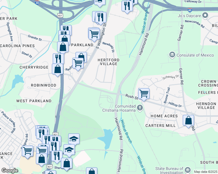 map of restaurants, bars, coffee shops, grocery stores, and more near 2810 Newbold Street in Raleigh
