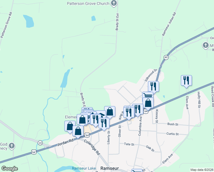 map of restaurants, bars, coffee shops, grocery stores, and more near 4667 Huntingwood Road in Ramseur