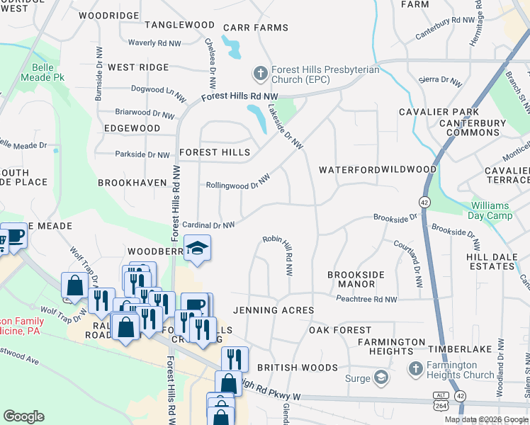 map of restaurants, bars, coffee shops, grocery stores, and more near 1013 Cardinal Dr NW in Wilson