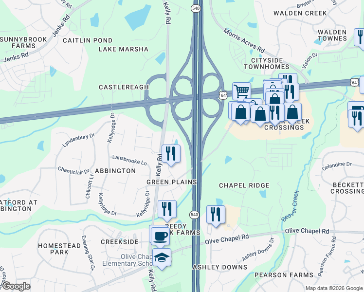 map of restaurants, bars, coffee shops, grocery stores, and more near 2229 Chattering Lory Lane in Apex