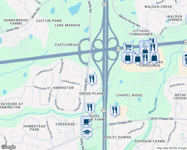 map of restaurants, bars, coffee shops, grocery stores, and more near 1035 Diamond Dove Lane in Apex