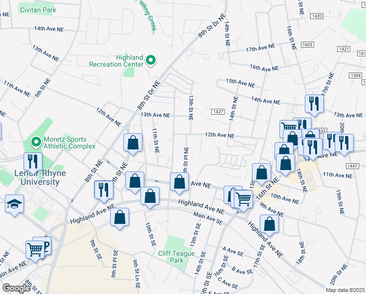 map of restaurants, bars, coffee shops, grocery stores, and more near 1097 12th Street Place Northeast in Hickory