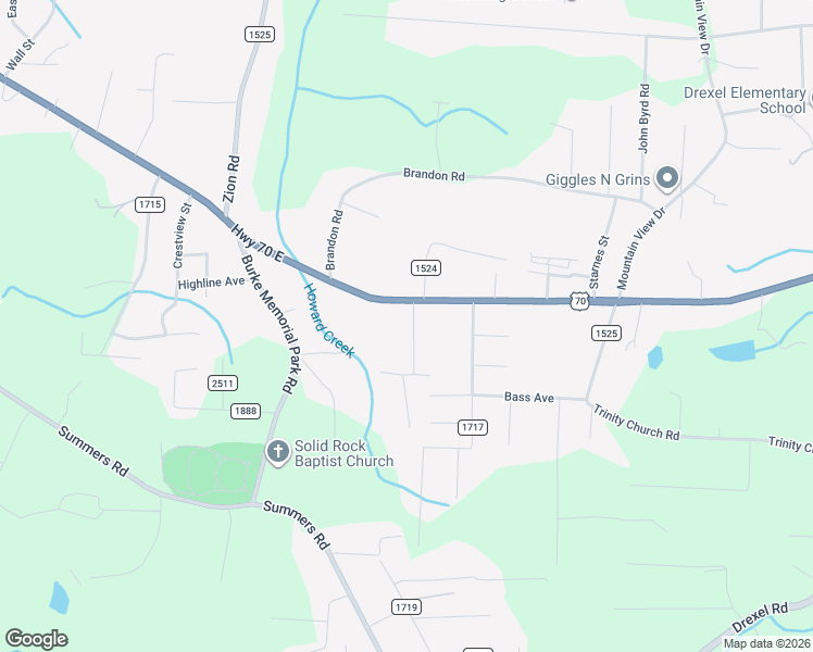 map of restaurants, bars, coffee shops, grocery stores, and more near 2418 Stoney Brook Street in Valdese