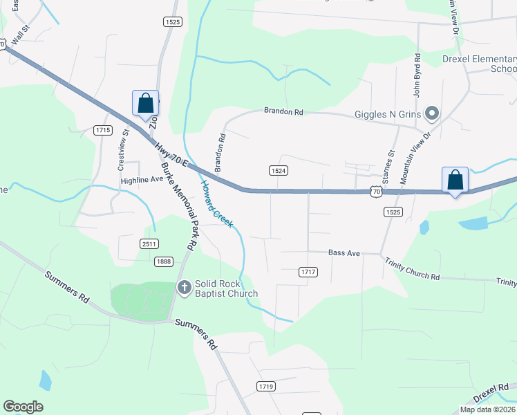 map of restaurants, bars, coffee shops, grocery stores, and more near 2418 Stoney Brook Street in Valdese