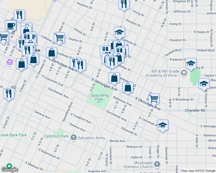 map of restaurants, bars, coffee shops, grocery stores, and more near 801 East Okmulgee Avenue in Muskogee