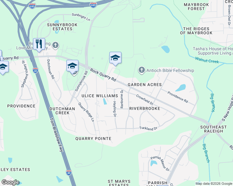 map of restaurants, bars, coffee shops, grocery stores, and more near 2905 Hayling Drive in Raleigh