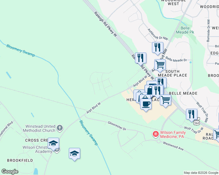 map of restaurants, bars, coffee shops, grocery stores, and more near Airport Blvd in Wilson