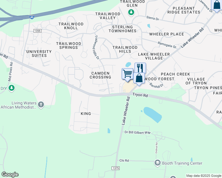 map of restaurants, bars, coffee shops, grocery stores, and more near 2906 Трион-роуд in Raleigh