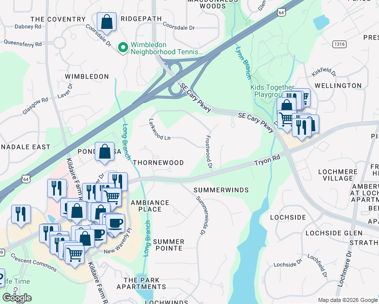 map of restaurants, bars, coffee shops, grocery stores, and more near 105 Larkwood Lane in Cary