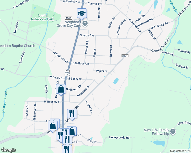map of restaurants, bars, coffee shops, grocery stores, and more near 313 East Bailey Street in Asheboro