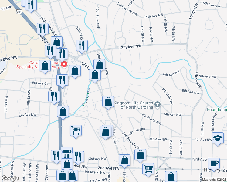map of restaurants, bars, coffee shops, grocery stores, and more near 722 10th St Blvd NW in Hickory