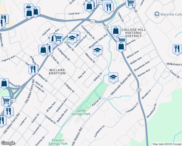 map of restaurants, bars, coffee shops, grocery stores, and more near 910 Ray Avenue in Maryville