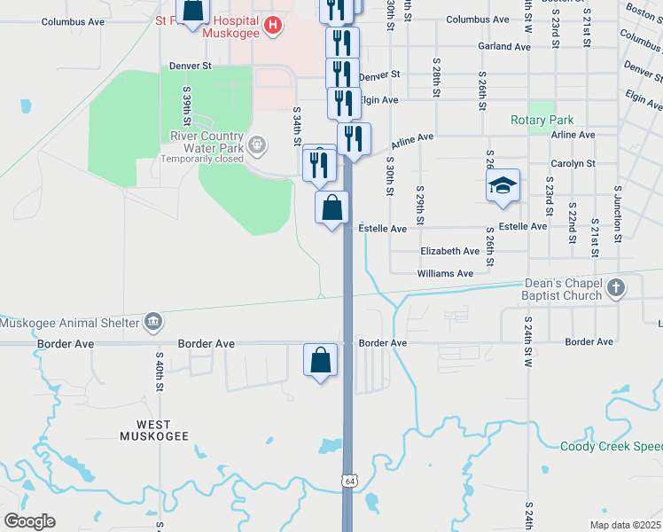 map of restaurants, bars, coffee shops, grocery stores, and more near 903-1005 South 32nd Street in Muskogee