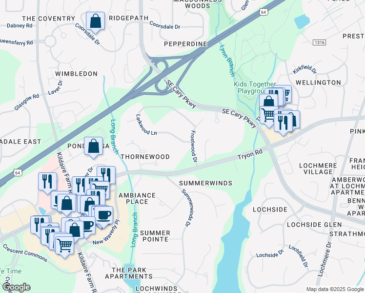 map of restaurants, bars, coffee shops, grocery stores, and more near 103 Larkwood Lane in Cary