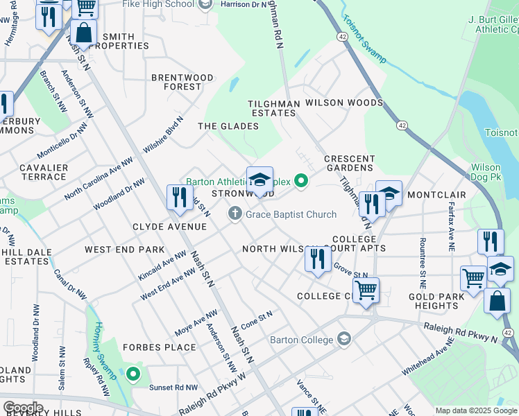 map of restaurants, bars, coffee shops, grocery stores, and more near 310 Kincaid Avenue North in Wilson