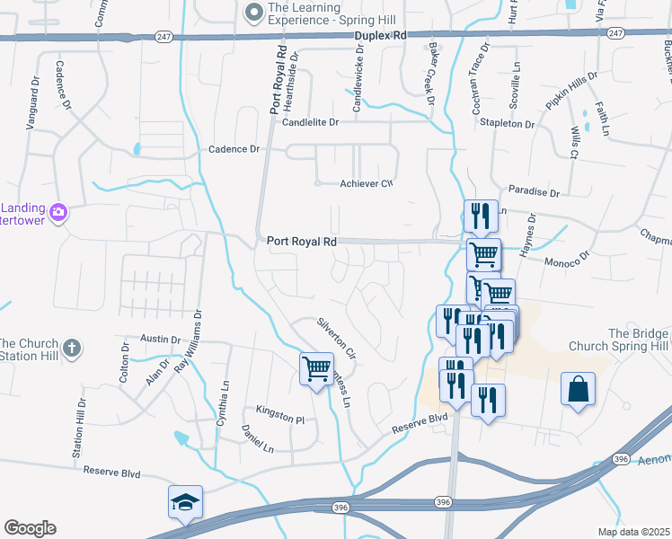 map of restaurants, bars, coffee shops, grocery stores, and more near 3042 Bellflower Circle in Spring Hill