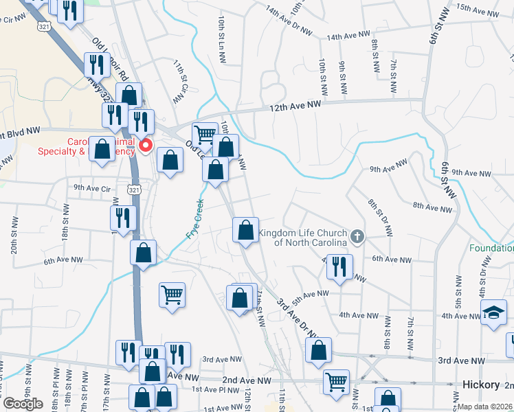 map of restaurants, bars, coffee shops, grocery stores, and more near 722 10th St Blvd NW in Hickory