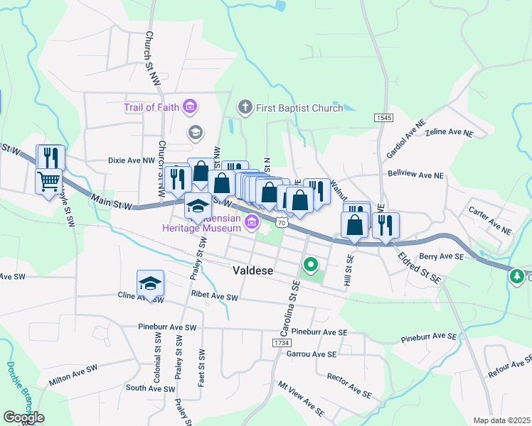 map of restaurants, bars, coffee shops, grocery stores, and more near 104 Main Street East in Valdese