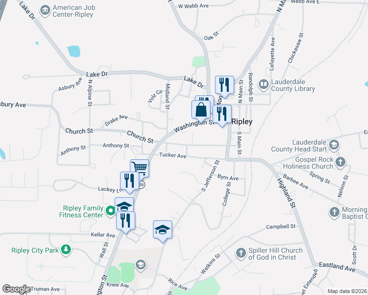 map of restaurants, bars, coffee shops, grocery stores, and more near 160 Church Street in Ripley