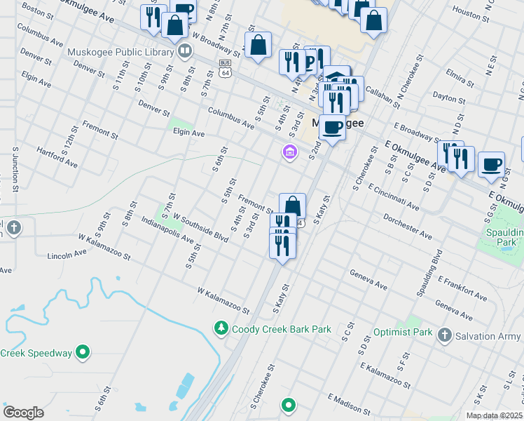 map of restaurants, bars, coffee shops, grocery stores, and more near 616 South 3rd Street in Muskogee