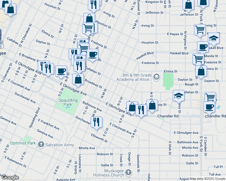 map of restaurants, bars, coffee shops, grocery stores, and more near 1300 East Broadway Avenue in Muskogee