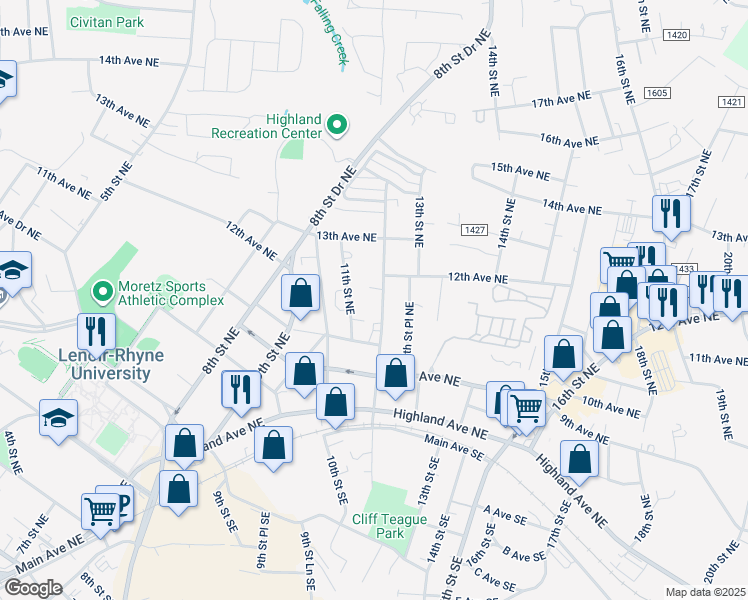 map of restaurants, bars, coffee shops, grocery stores, and more near 1105 12th St NE in Hickory