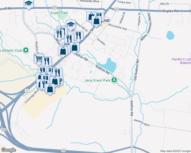 map of restaurants, bars, coffee shops, grocery stores, and more near 109 Jackson Street in Spring Hill