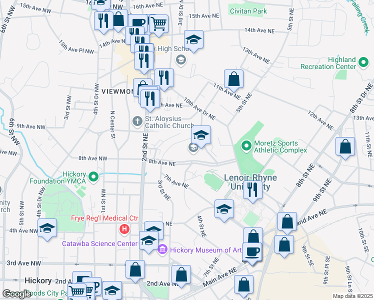 map of restaurants, bars, coffee shops, grocery stores, and more near 409 8th Avenue Northeast in Hickory