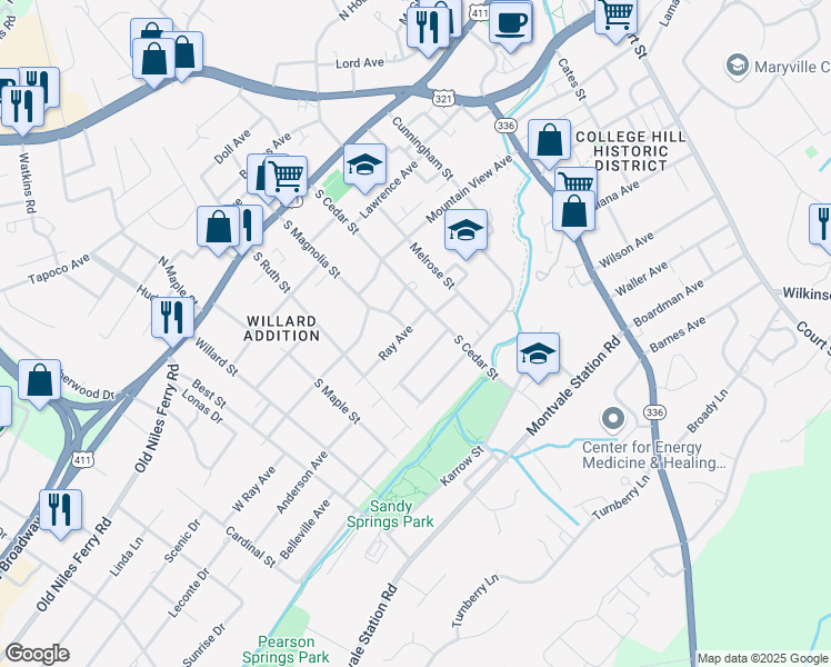 map of restaurants, bars, coffee shops, grocery stores, and more near 910 Ray Avenue in Maryville