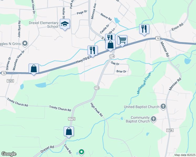 map of restaurants, bars, coffee shops, grocery stores, and more near 1795 Drexel Road in Valdese