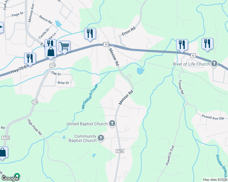 map of restaurants, bars, coffee shops, grocery stores, and more near 2461 Messer Street in Valdese