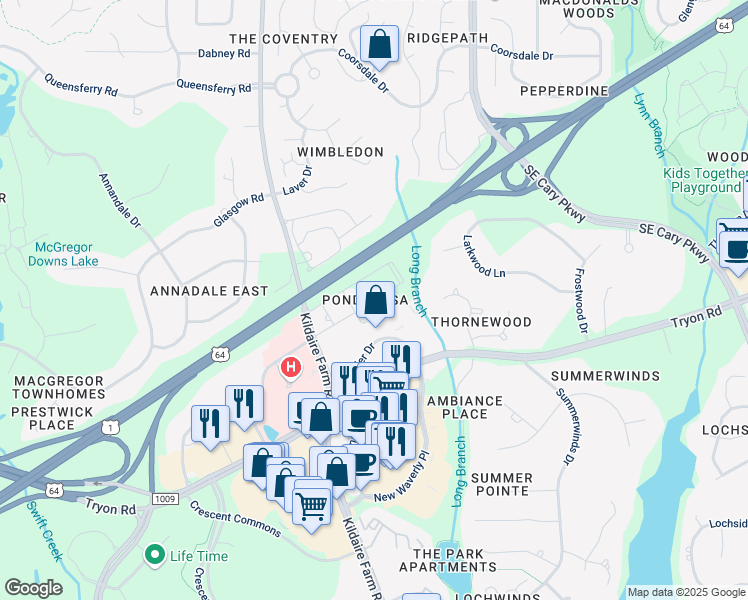 map of restaurants, bars, coffee shops, grocery stores, and more near 108 Guernsey Trail in Cary