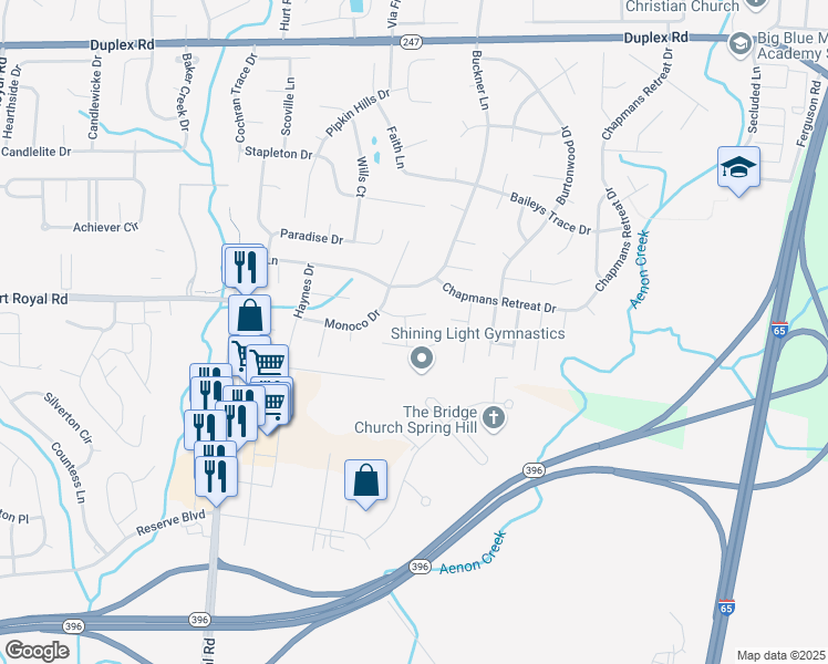 map of restaurants, bars, coffee shops, grocery stores, and more near 4003 Strata Drive in Spring Hill