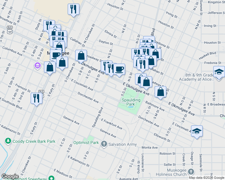 map of restaurants, bars, coffee shops, grocery stores, and more near 513 Baltimore Avenue in Muskogee