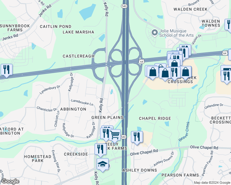 map of restaurants, bars, coffee shops, grocery stores, and more near 2223 Chattering Lory Lane in Apex