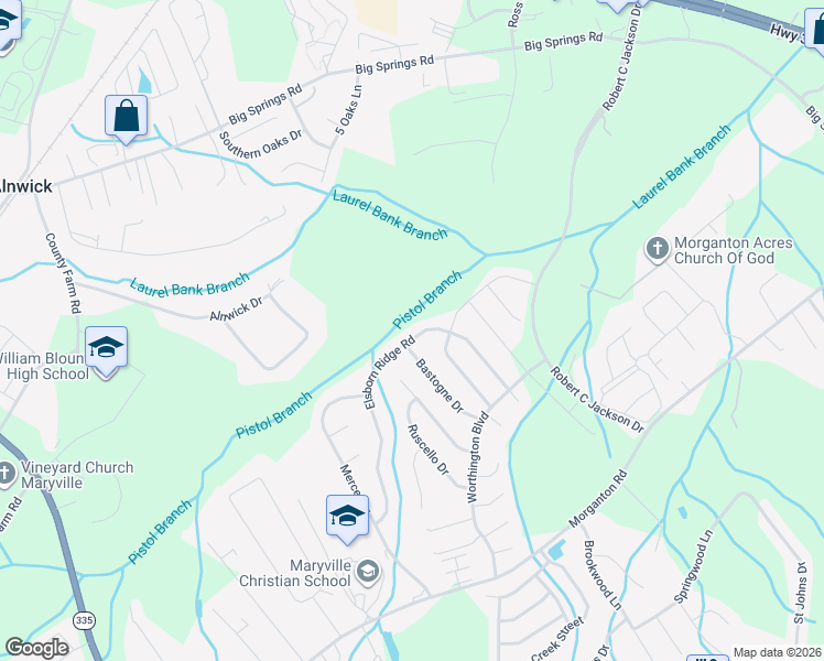 map of restaurants, bars, coffee shops, grocery stores, and more near 1107 Elsborn Ridge Road in Maryville