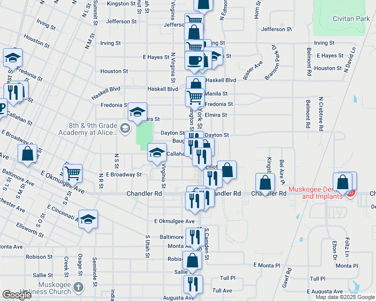 map of restaurants, bars, coffee shops, grocery stores, and more near 2306 Callahan Street in Muskogee
