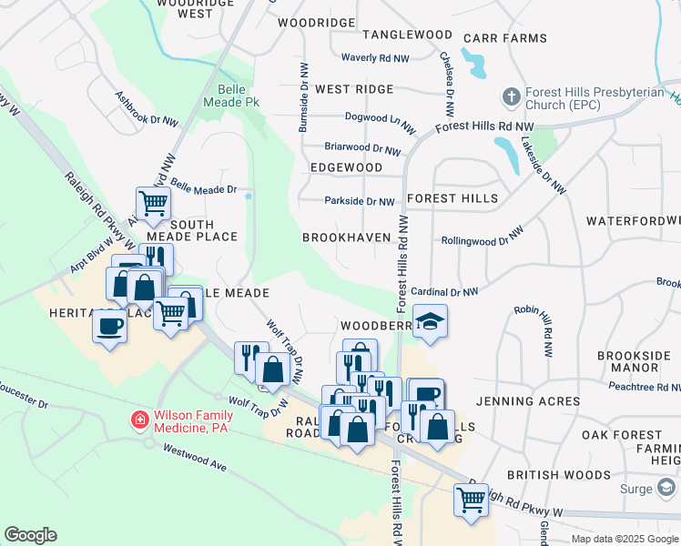 map of restaurants, bars, coffee shops, grocery stores, and more near 1308 Dixon Court Northwest in Wilson
