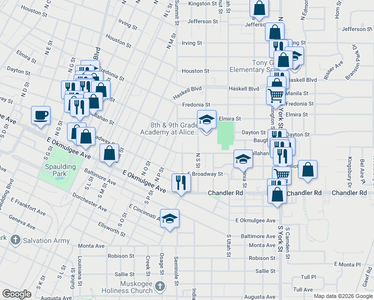 map of restaurants, bars, coffee shops, grocery stores, and more near 1608 Callahan Street in Muskogee