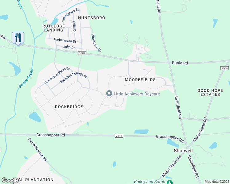 map of restaurants, bars, coffee shops, grocery stores, and more near 5717 Garnet Meadow Road in Knightdale